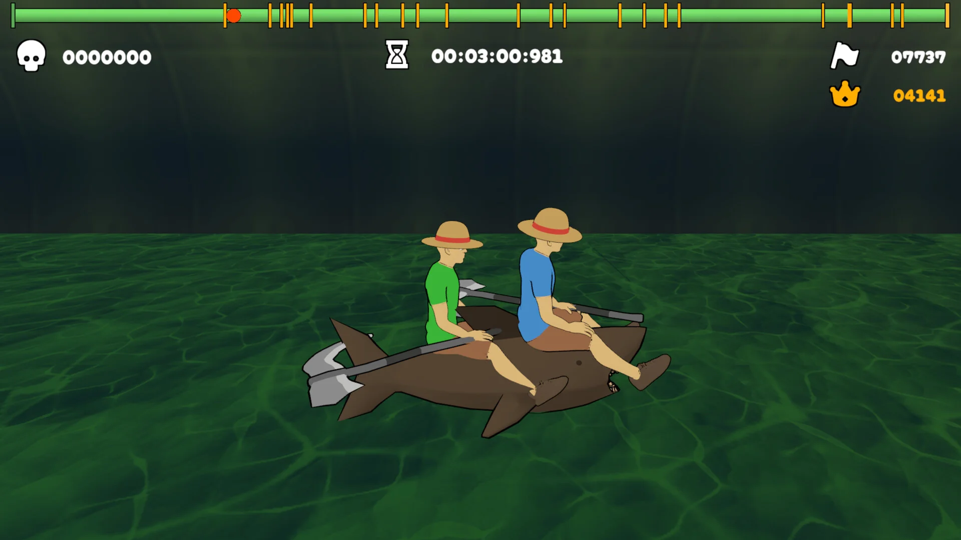 Two straw-hatted paddlers sitting on a brown shark with an axe paddle in dark green water