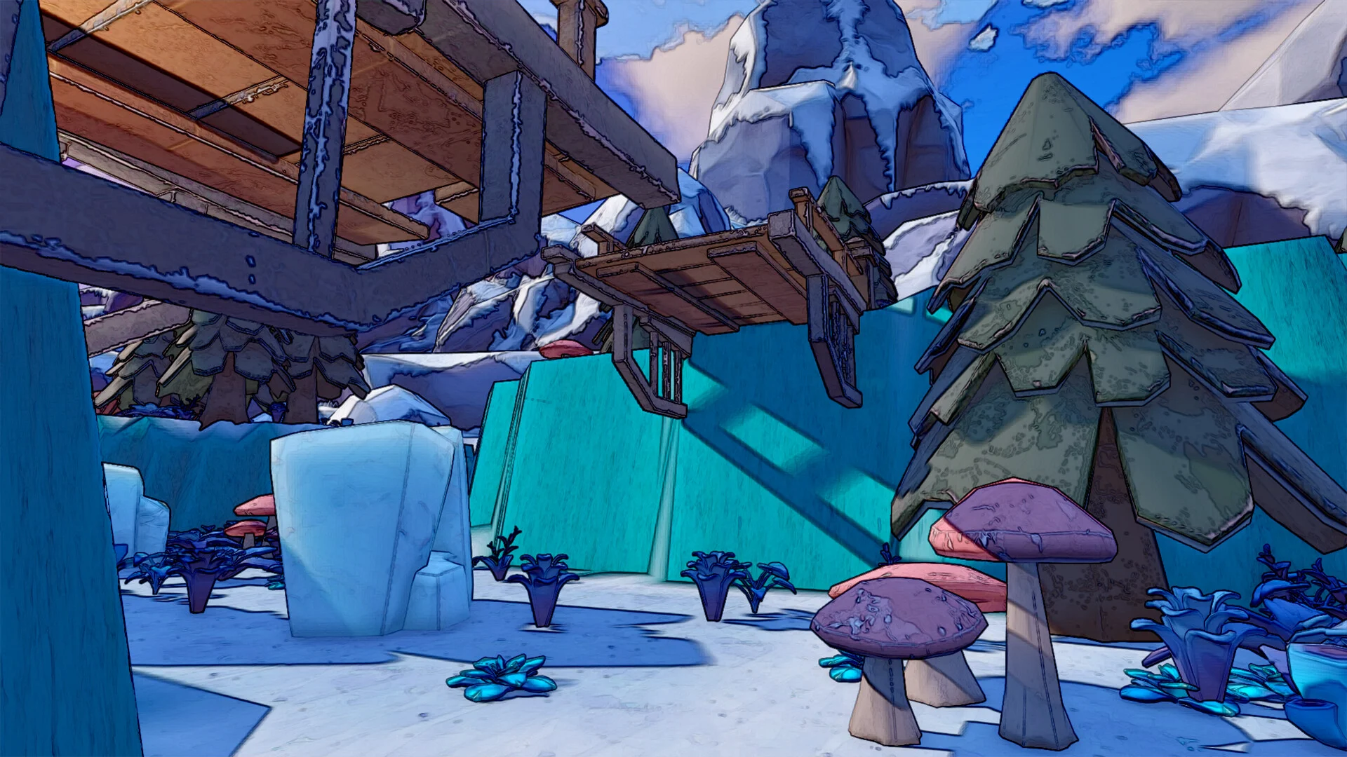 A snowy biome with wooden walkways, ice blocks, mushrooms and stylised pines