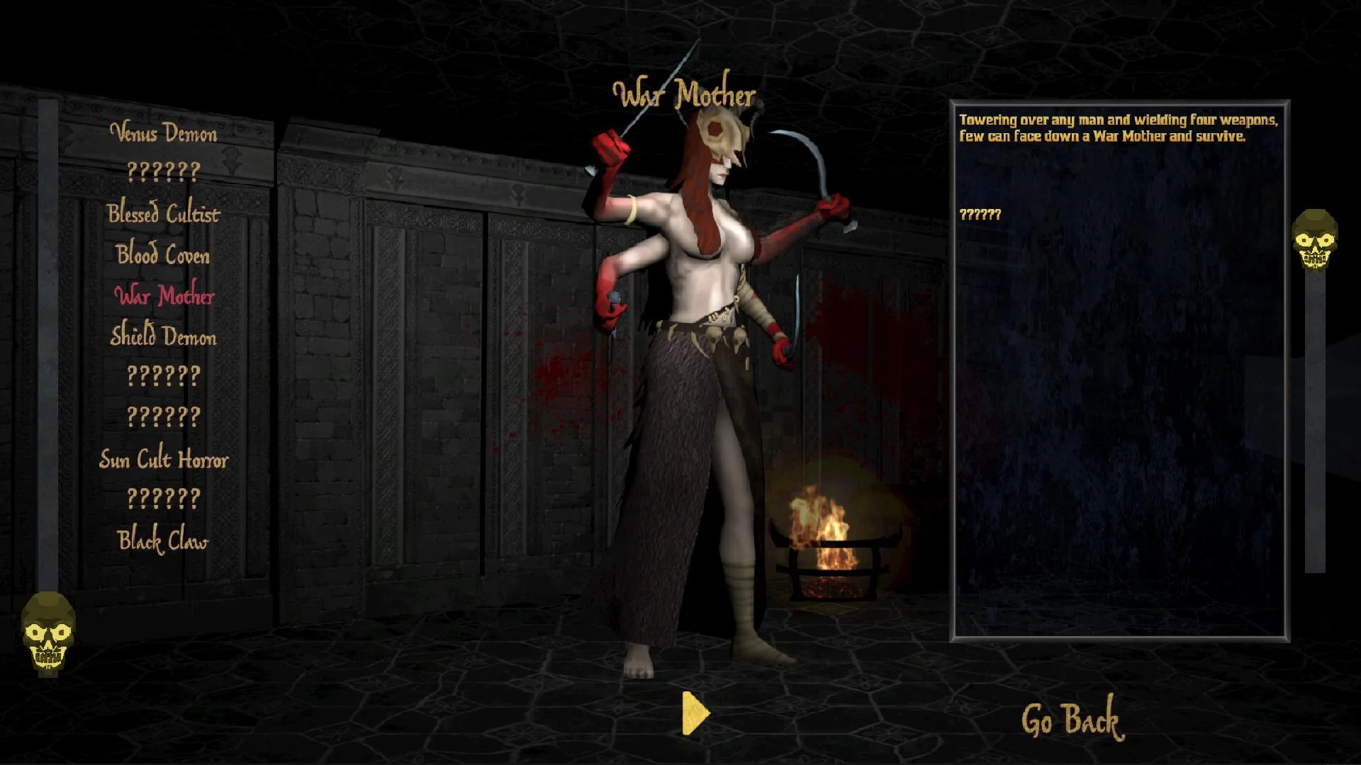 Bestiary page showing the four-armed War Mother with sickles in a stone room, a brazier, and a list of tower foes
