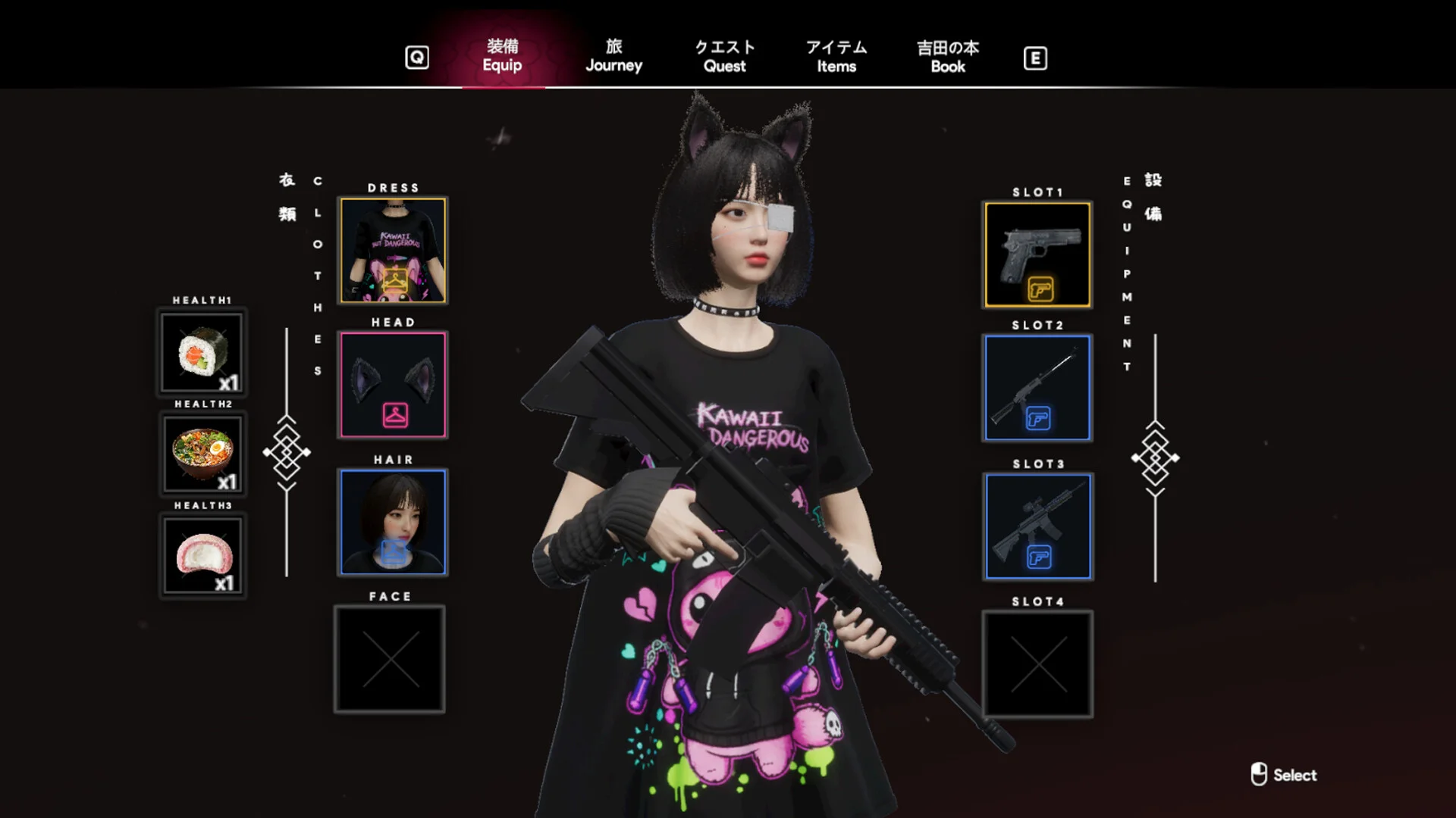 Equip screen, girl with cat-ear headband and KAWAII DANGEROUS dress holding a rifle, DRESS HEAD HAIR FACE slots, SLOT1 pistol