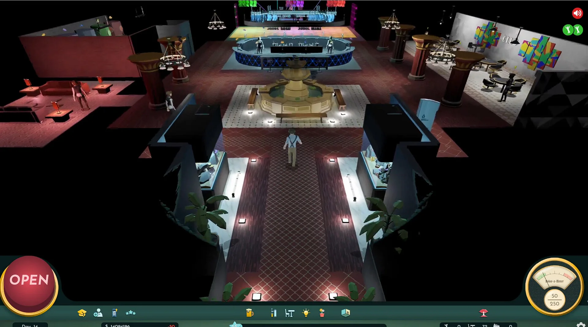 Large multi-room venue with a bright central walkway