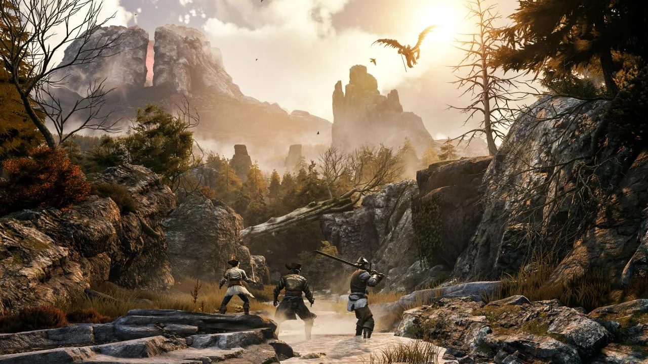 Three companions walking a rocky gorge toward sunlit peaks, a winged creature in the sky