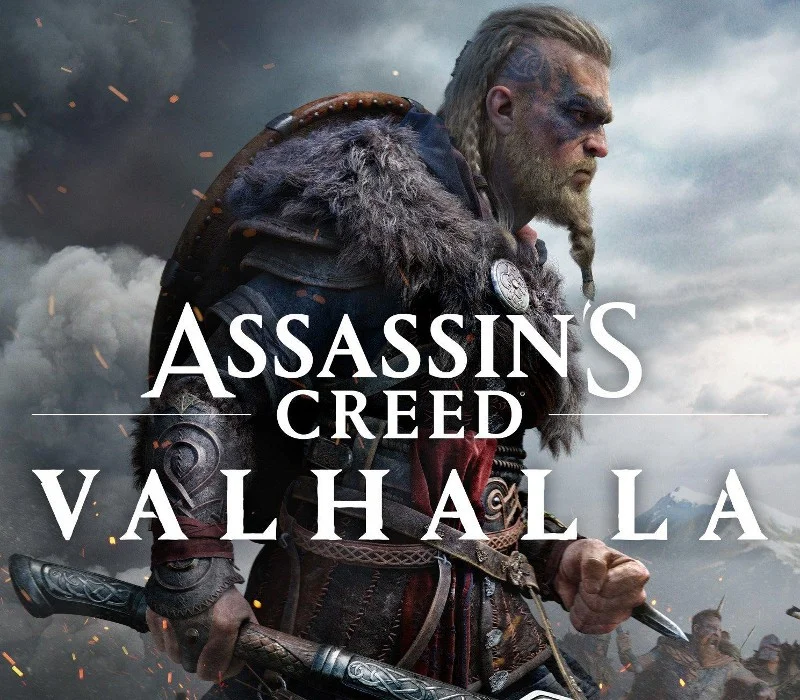 Bearded Viking in a fur mantle looking right, twin braids, carved axe in one hand and a knife in the other, white Assassin’s Creed Valhalla stacked over smoke