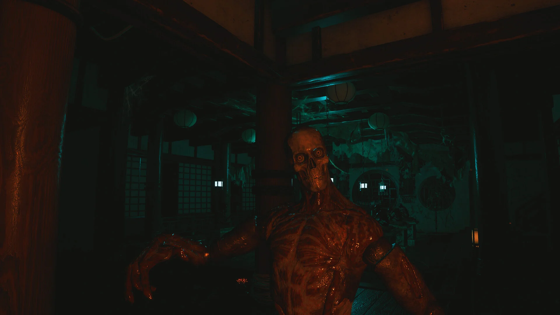 Skeletal yokai in a lantern-lit Japanese inn with paper lanterns and shoji screens