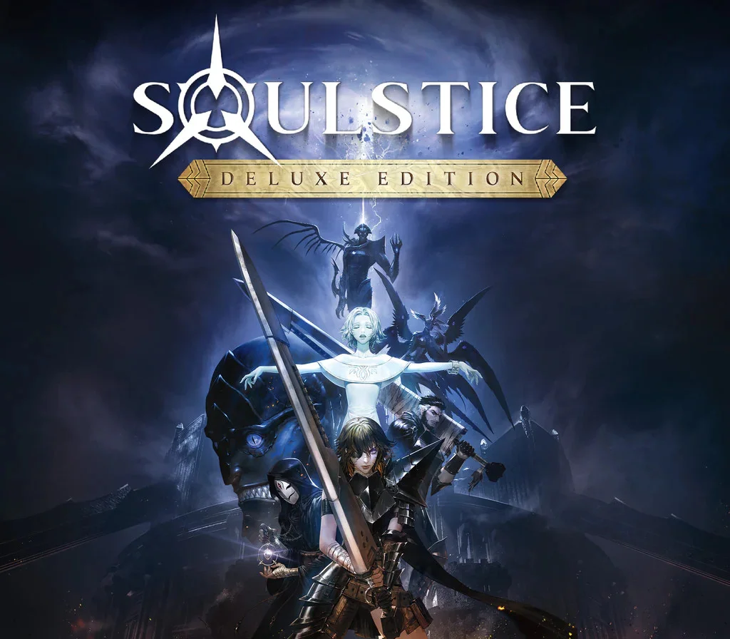 Soulstice Deluxe Edition cover: Briar with a greatsword, Lute as a pale shade, and a ruined city