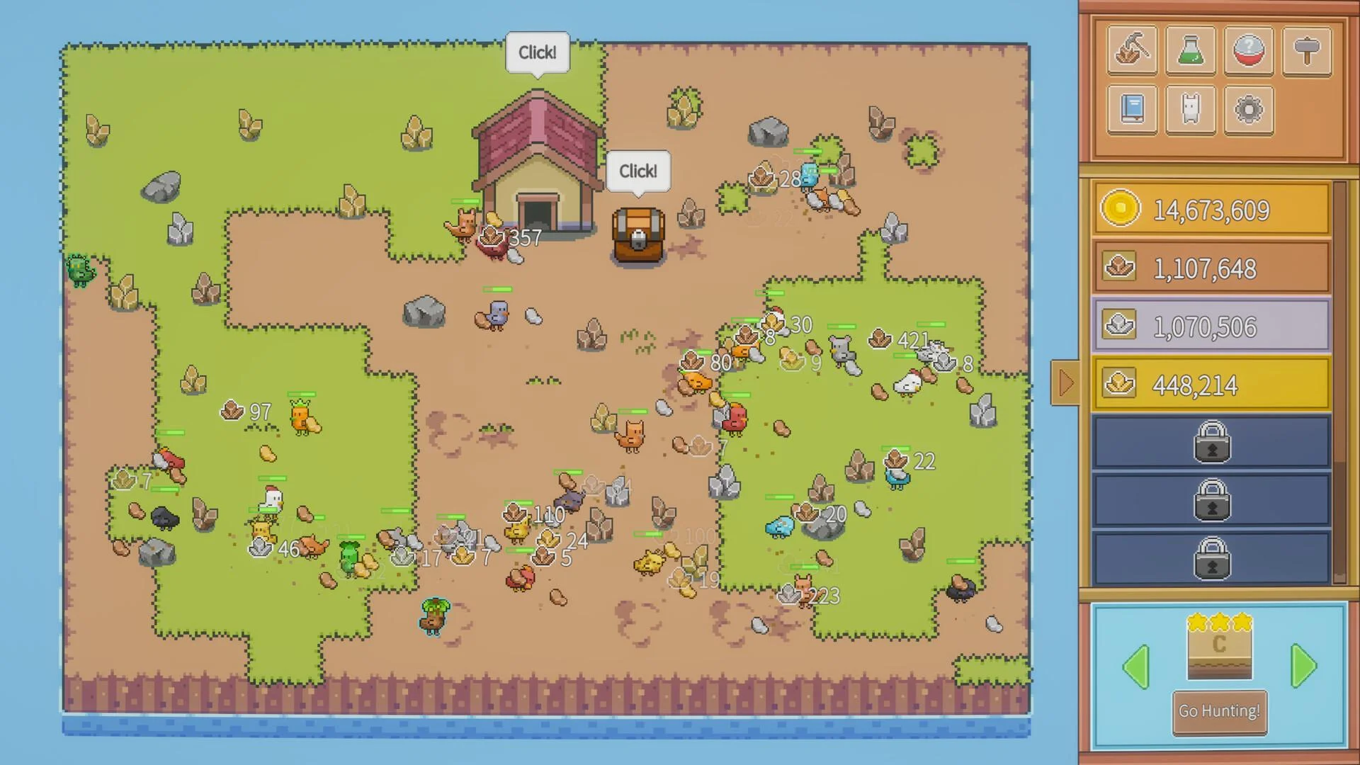 Mine: Click bubbles, coop, chest 357, chickens on grass, gold 14673609, Go Hunting C