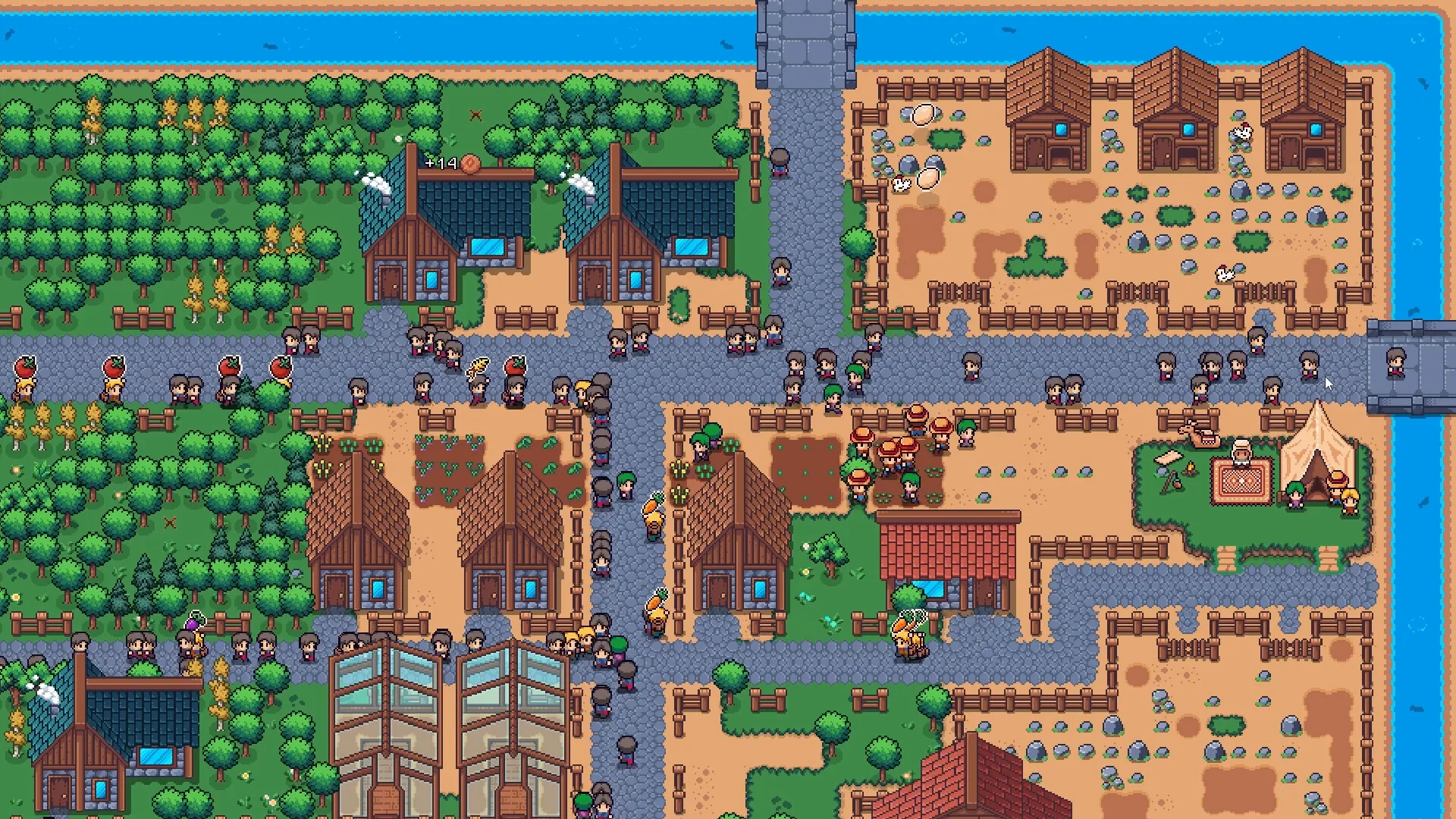 Rivers around an island farm: orchard, barns, sheep pens, tent camp and packed village streets
