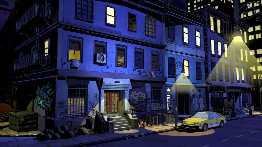 A rainy city street at night with a yellow car and lit windows.
