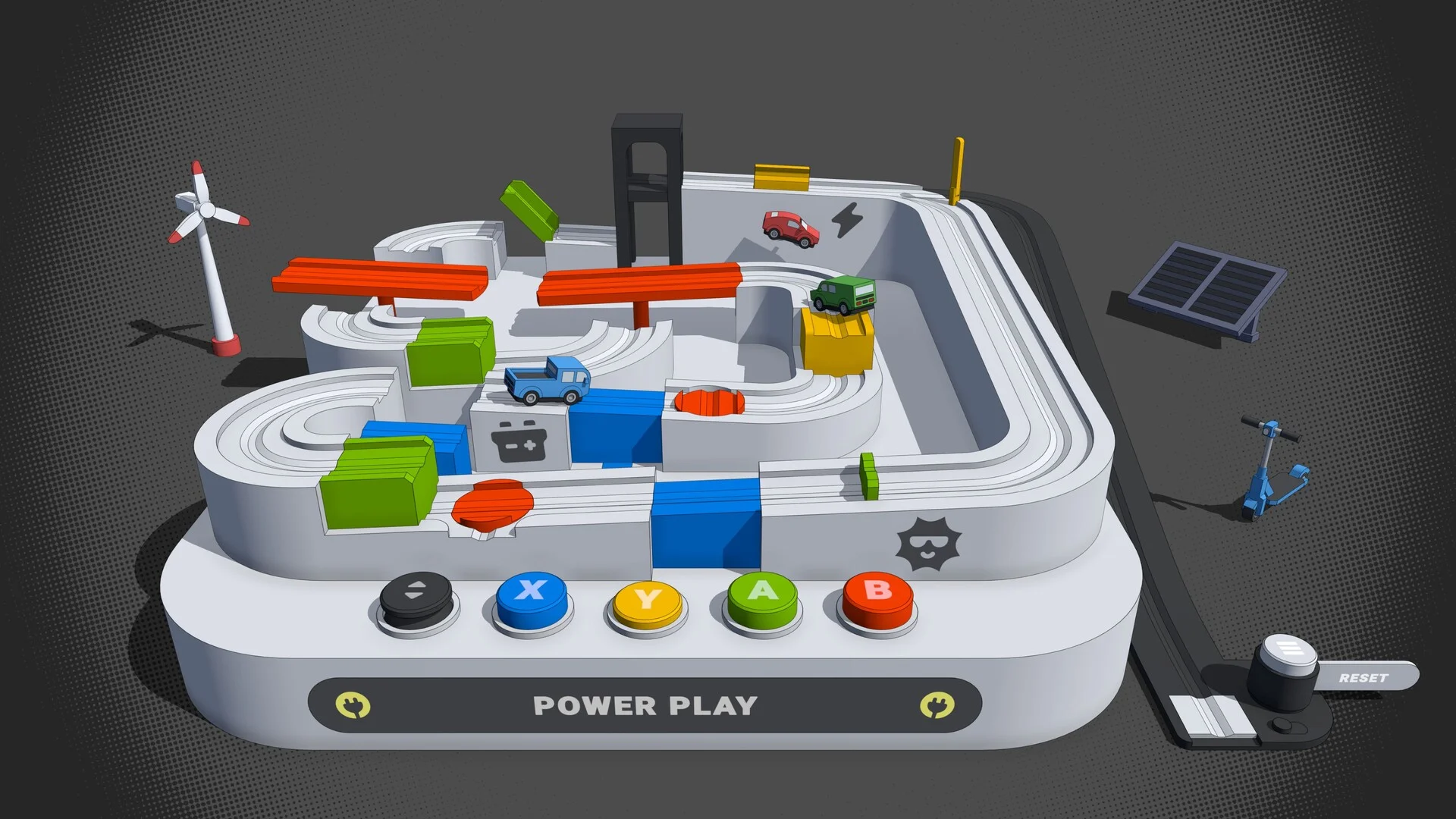 POWER PLAY white marble-run with a wind turbine, solar panel, blue scooter, coloured blocks and X Y A B buttons on a grey table