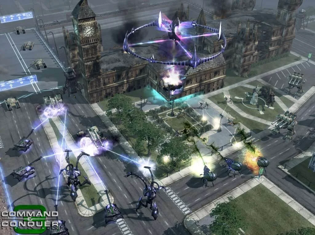 Isometric city battlefield with tanks, infantry, and a purple aircraft.