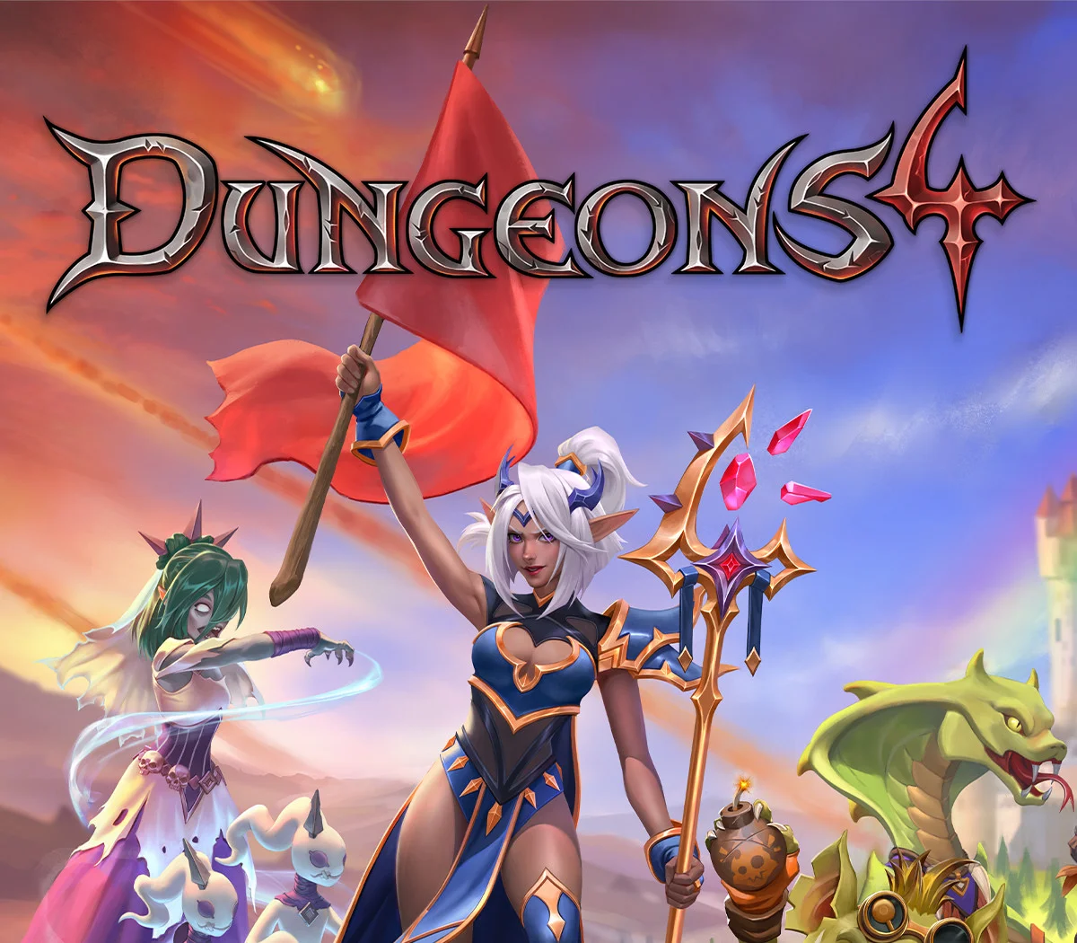 Dungeons 4 cover: white-haired Thalya holding a red flag and a crystal staff