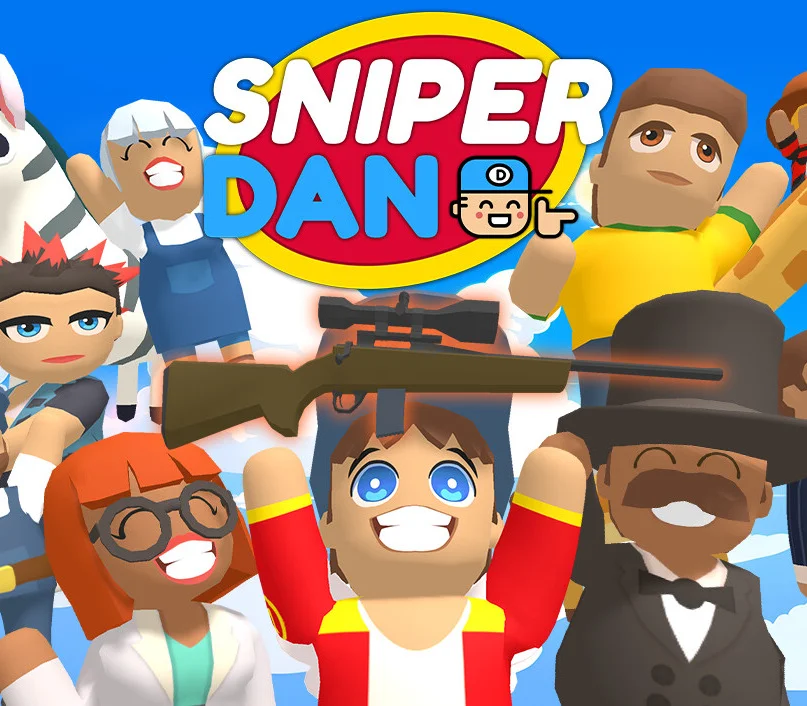 Logo Sniper Dan nad Danem z karabinem wśród uśmiechniętych postaci low-poly