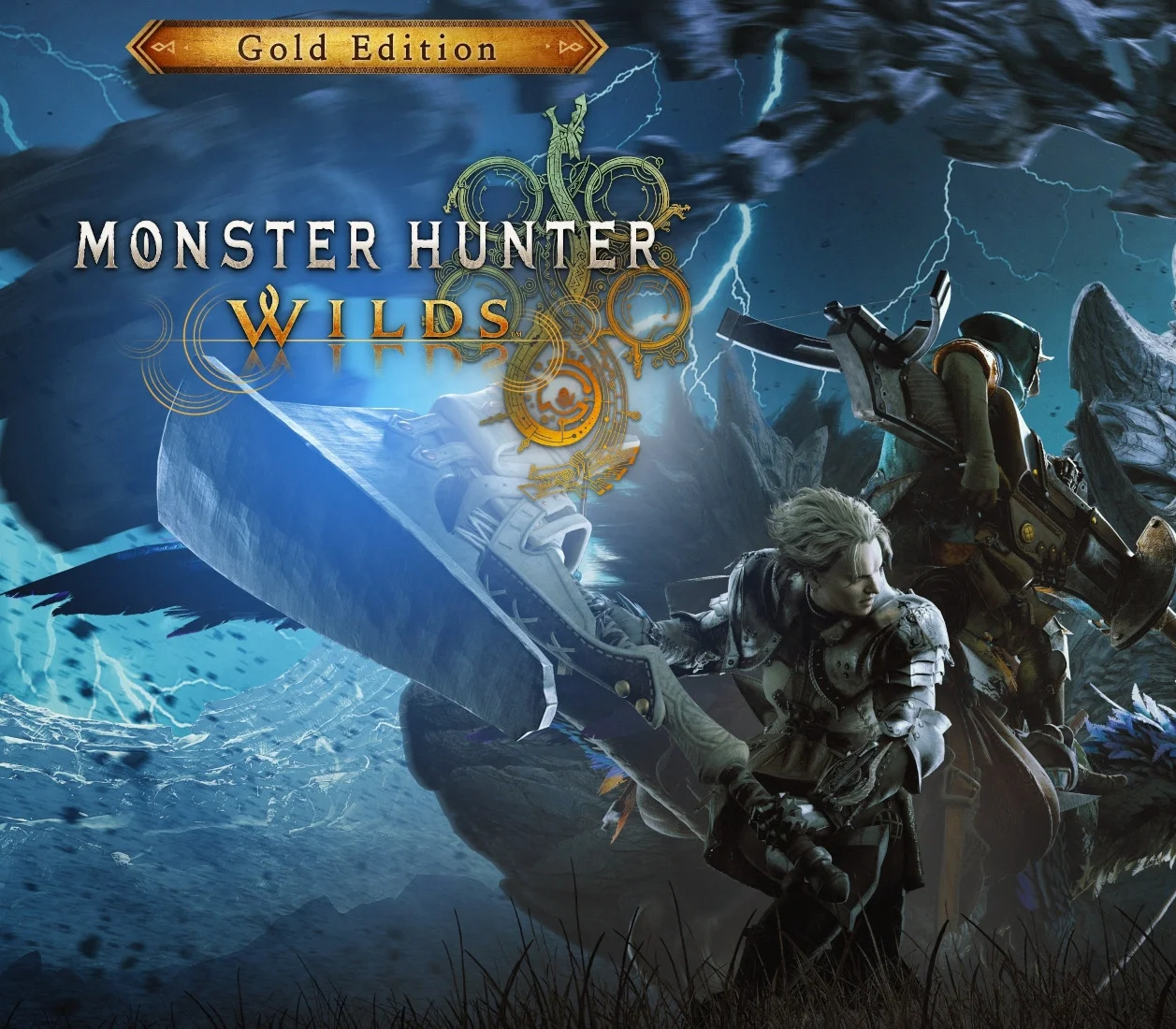 Monster Hunter Wilds Gold Edition cover, hunter and monster