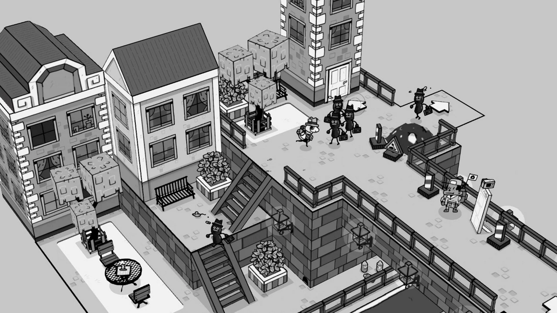 TOEM isometric town street with cube houses and suited locals