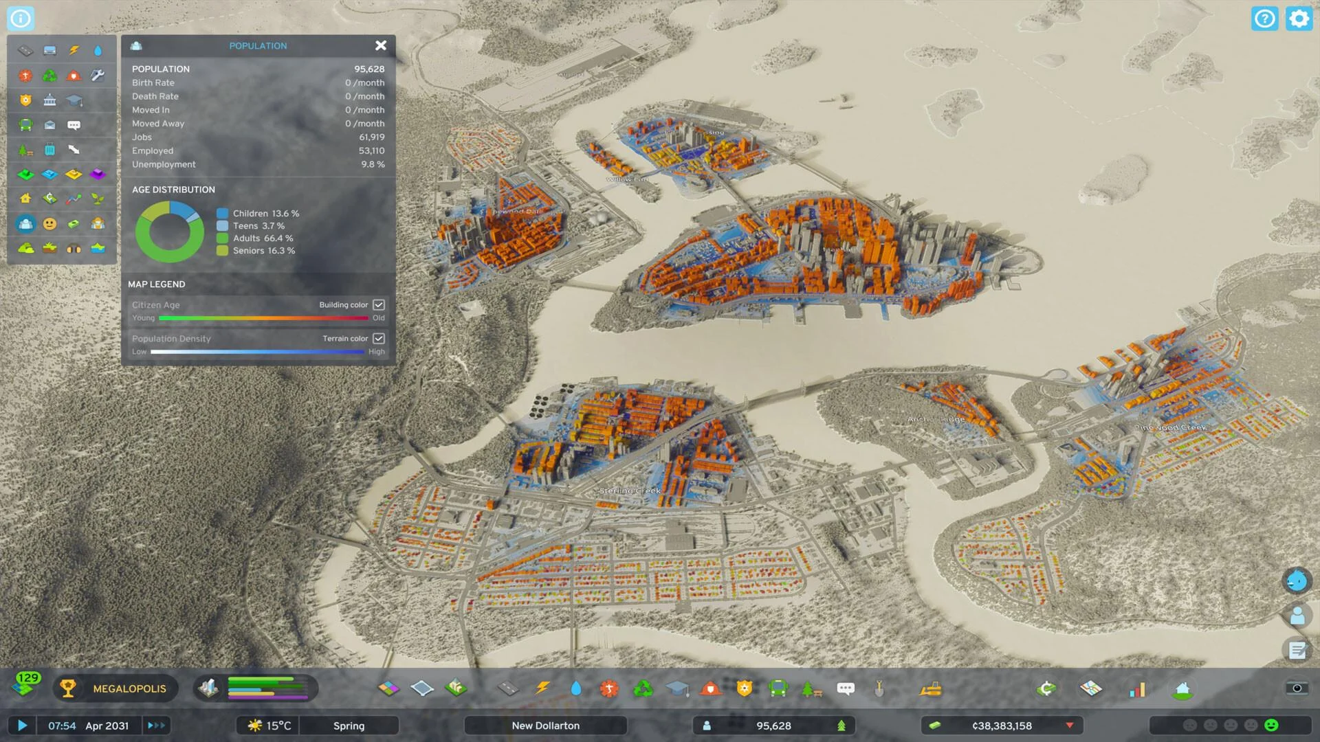 Orange city blocks on sandy ground beside a river