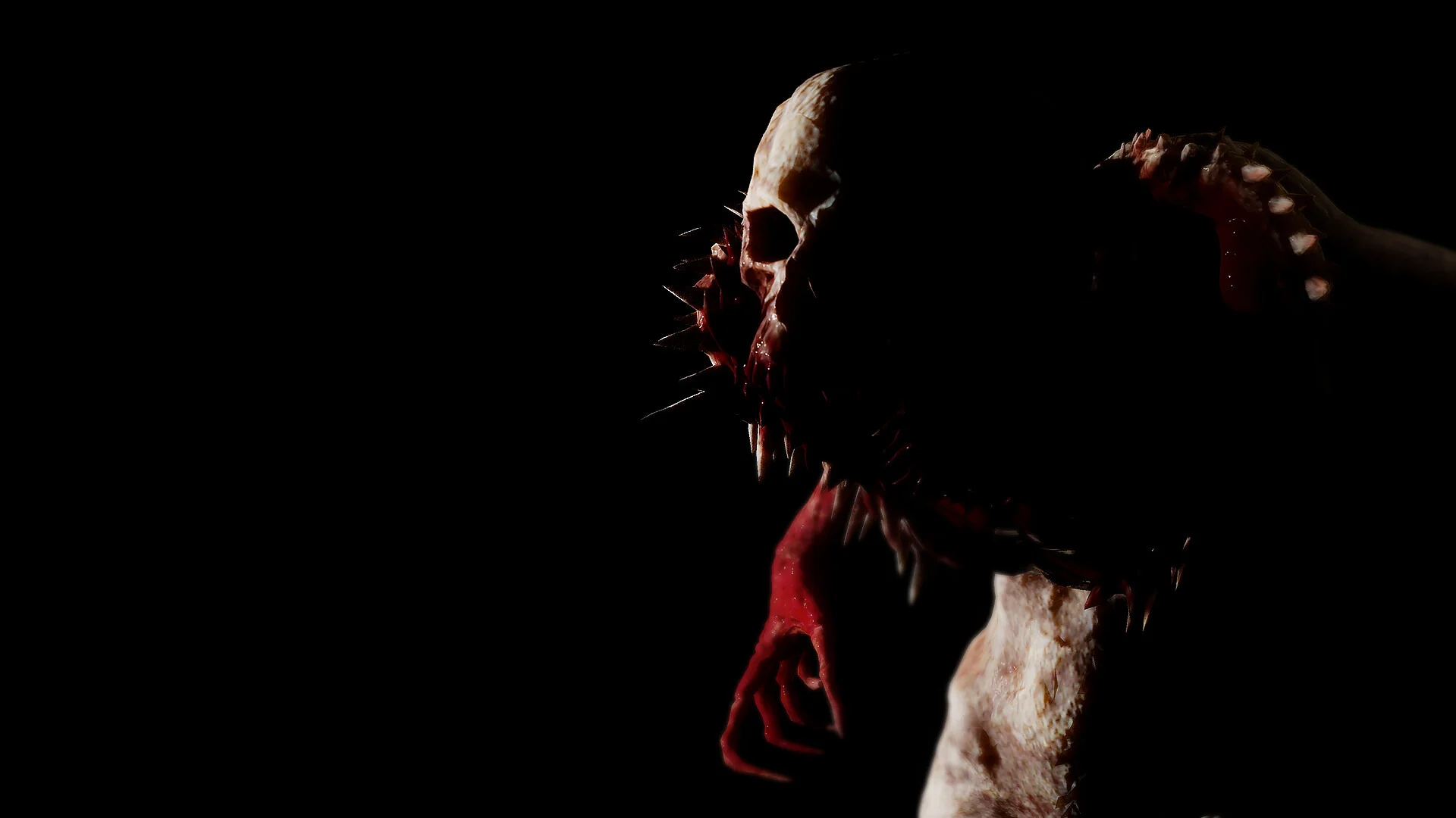 Close-up of a pale spiked skull creature with a bloody jaw against black, one arm reaching forward