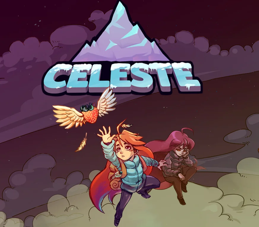 Celeste cover: icy mountain logo, red-haired climber reaching for a winged strawberry, seated figure on a cloud