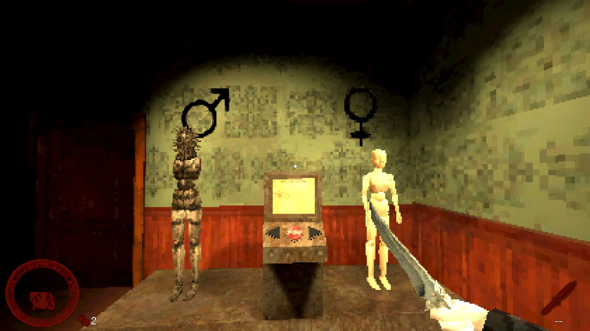 Two mannequins under male and female wall symbols, yellow kiosk screen, first-person sword and heart HUD 2