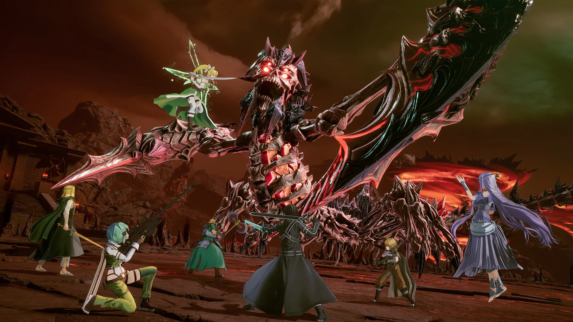 Party facing a red-eyed winged boss on a crater floor under a dark sky