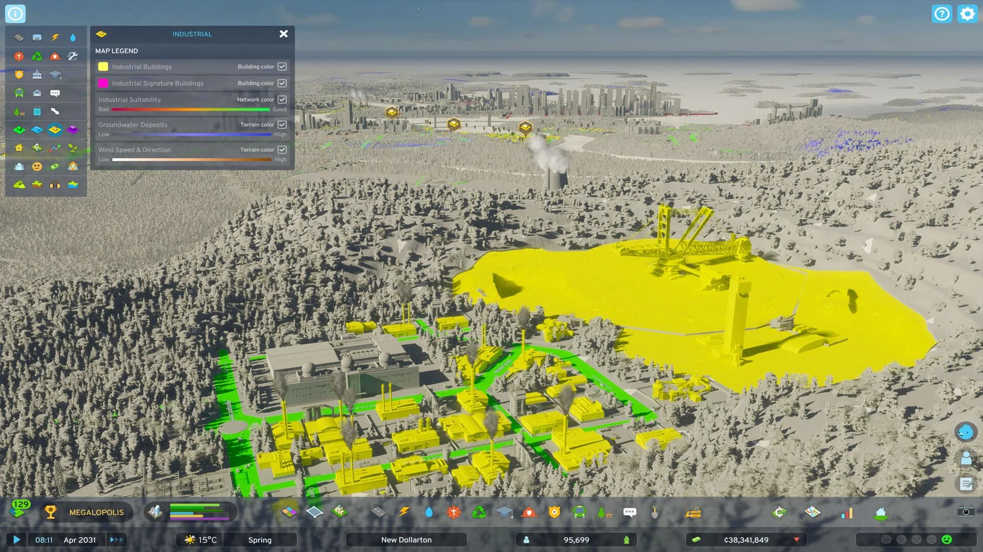 Aerial city of yellow buildings beside a highlighted yellow district