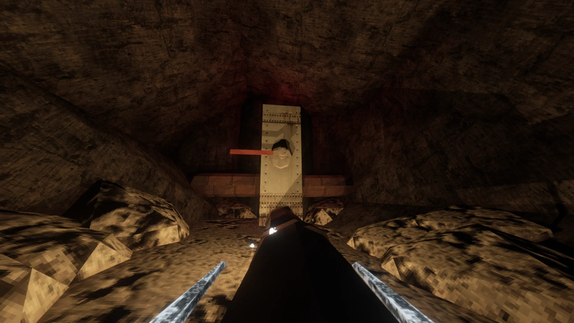 Looking up a rocky shaft at a riveted metal plate with a red bar, pickaxes at the bottom of the view