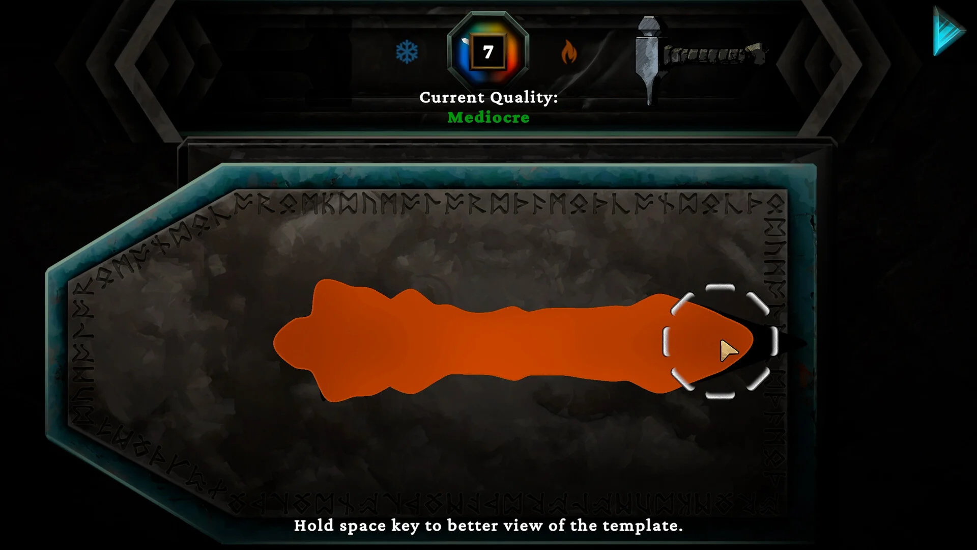 Smithing minigame: orange alloy on an anvil, Current Quality Mediocre, hold space to view template