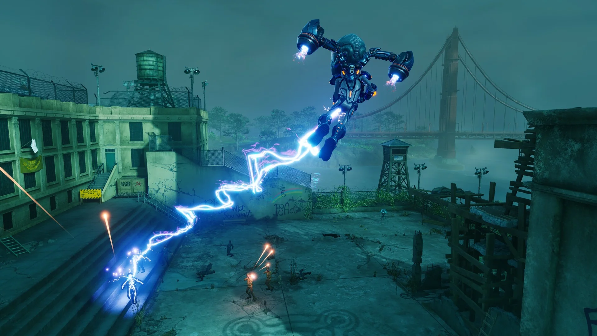 Crypto firing a long blue lightning lash across a foggy prison yard toward soldiers, red Golden Gate Bridge in the mist behind