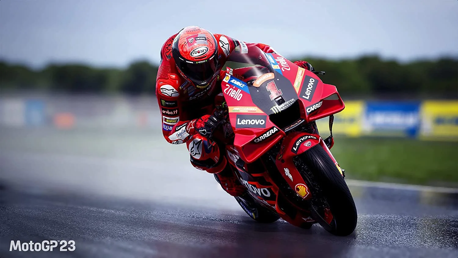 A red bike and rider leaned into a turn.