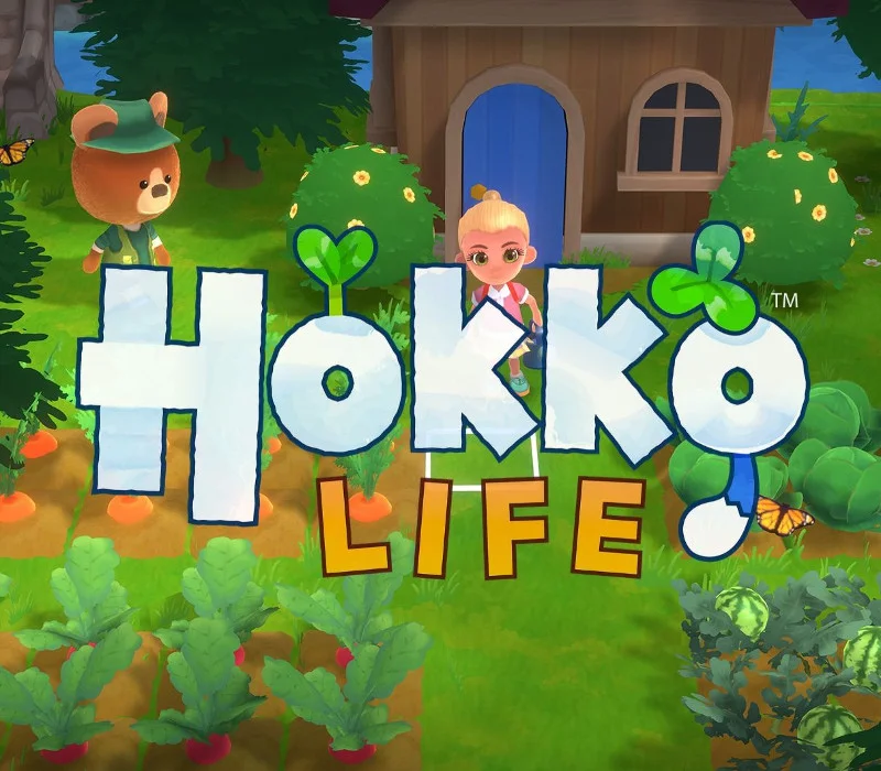Logo Hokko Life nad grządką, pluszowy mieszkaniec w zielonej czapce i blond ogrodniczka przy drewnianym domku