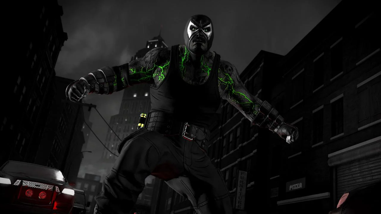 Bane with green venom veins standing over a Gotham street