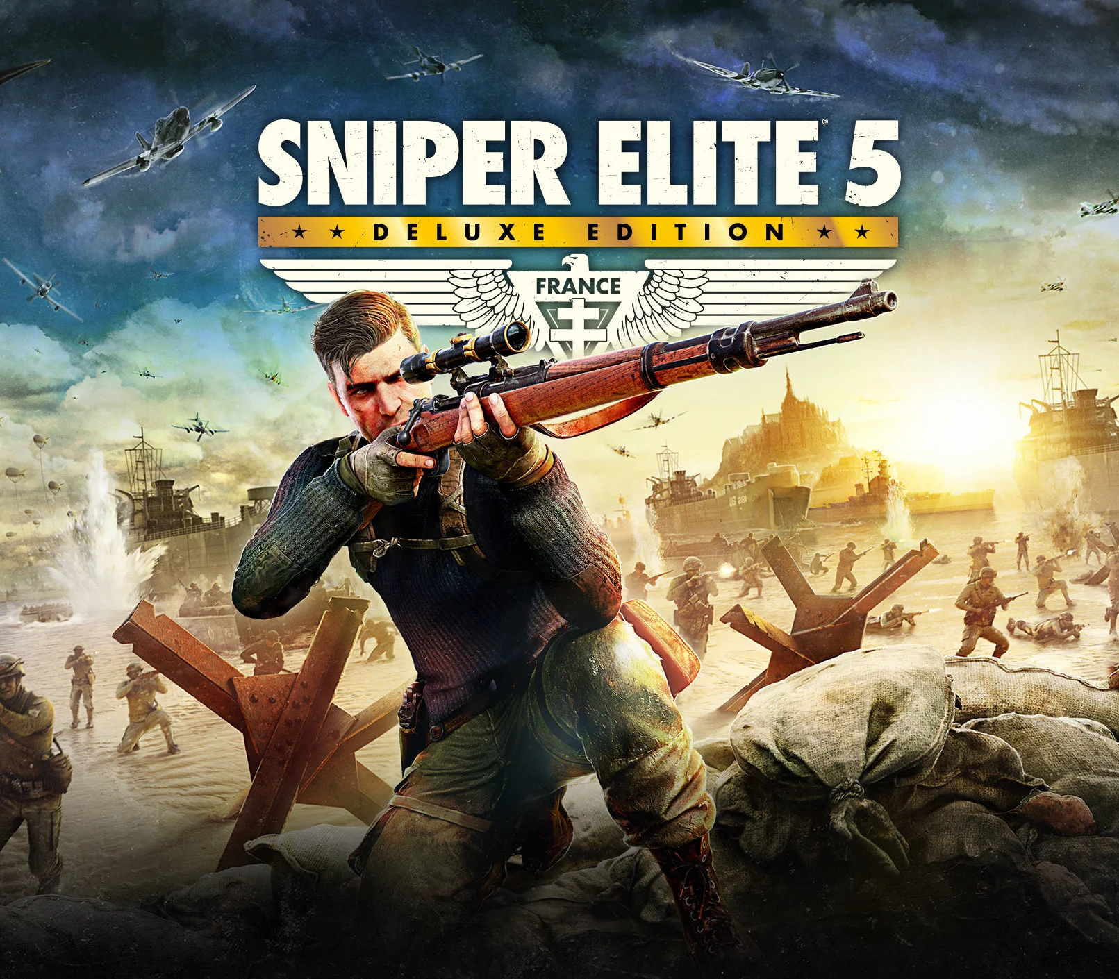 Sniper Elite 5 Deluxe EU cover, Karl Fairburne in occupied France
