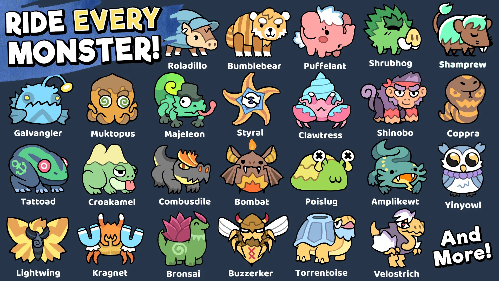 Ride Every Monster roster: named cartoon mounts from Roladillo and Bumblebear to Velostrich