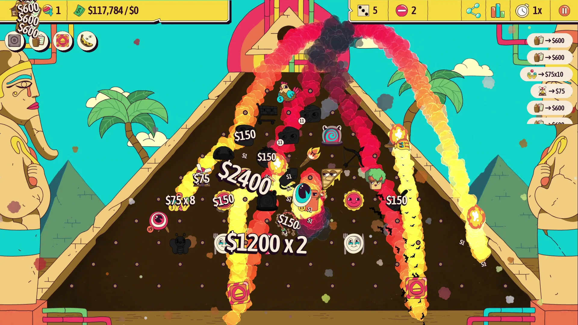 Pyramid board: Egyptian statues, palm trees, fireball trails, $2400 and $1200 x2 popups