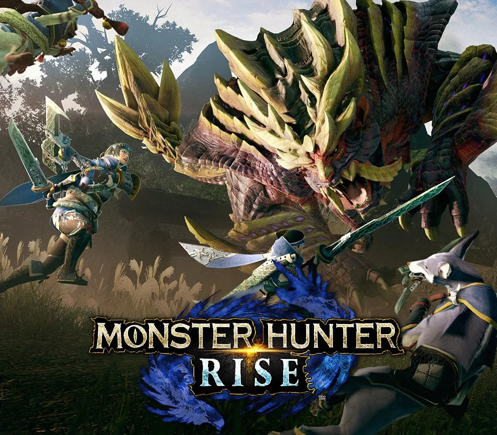 Monster Hunter Rise EU cover, hunter facing Magnamalo