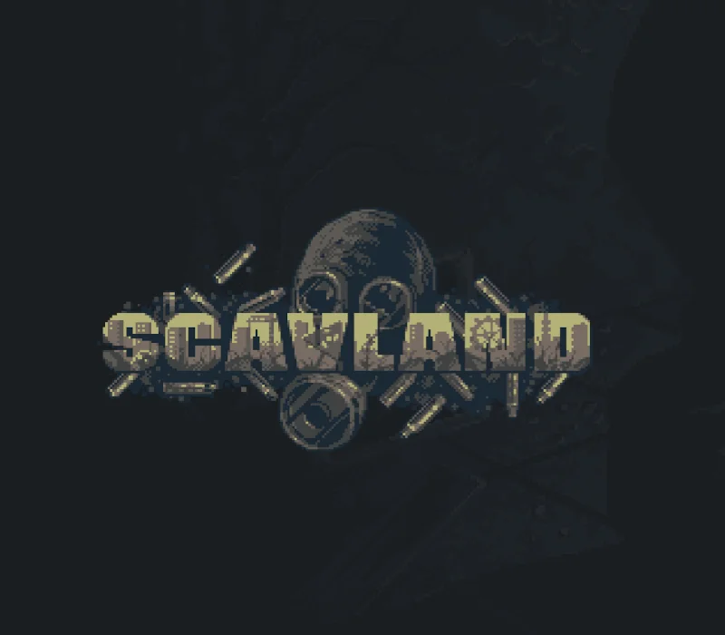 Scavland cover: pixel gas mask behind the SCAVLAND wordmark, brass casings