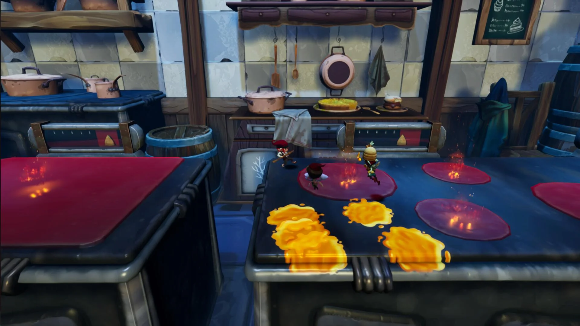 Three tiny figures run across a giant stove with red-hot plates and spilled yellow batter in a tiled kitchen