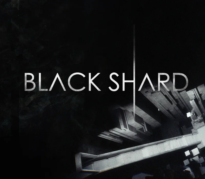 Tytuł BLACK SHARD nad ciemną kanciastą megastrukturą z bladą rampą w cieniu