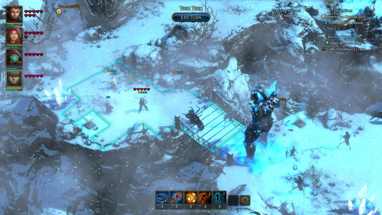 Snowy ruins with a character on a blue-lit bridge