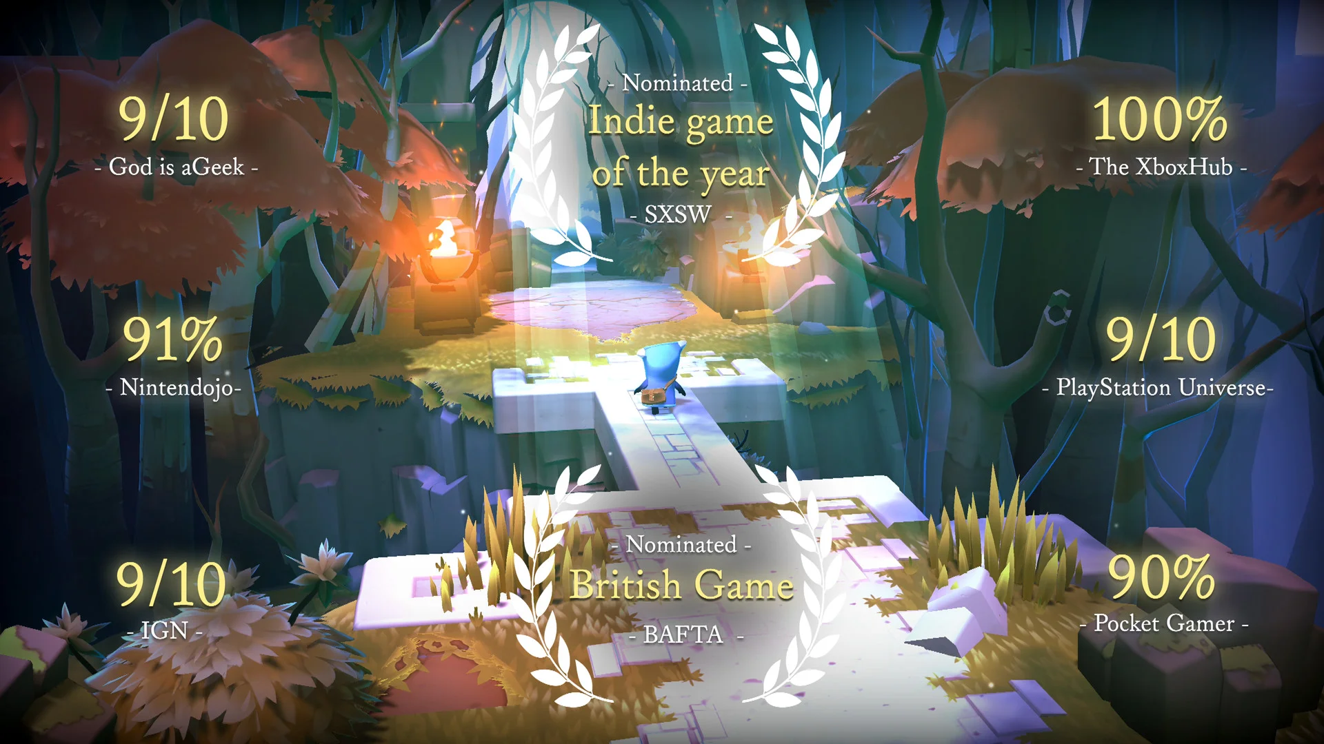 Blue figure on a white path through autumn trees, review-score overlays and white laurel wreaths around the clearing