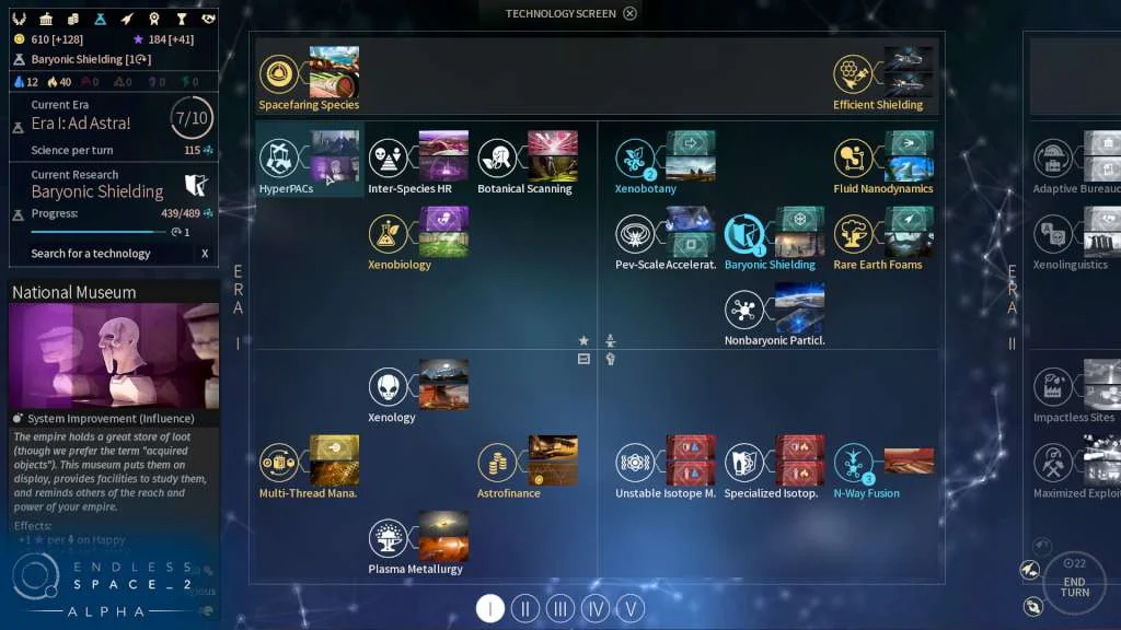 A technology and empire management screen