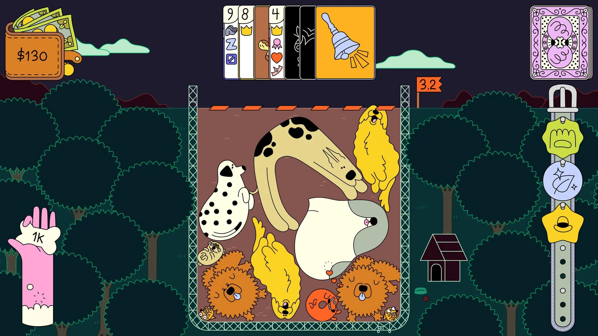 Night kennel: dalmatian, long-neck spotted dog, yellow pups, wallet $130, flag 3.2, collar tags