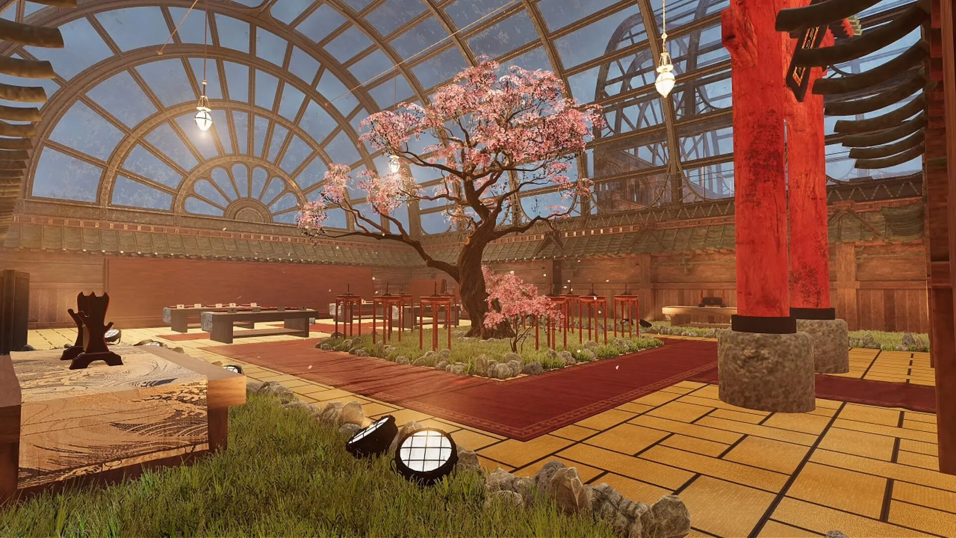 Restored Japanese-style museum hall with a pink cherry tree beneath a curved glass roof