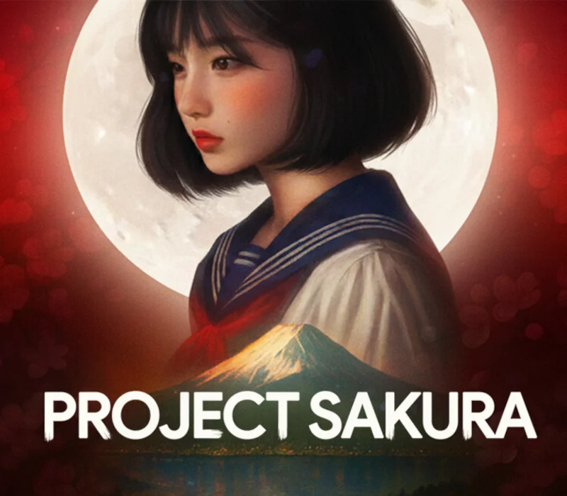 Project Sakura cover, schoolgirl in a sailor uniform in profile against a full moon, Mount Fuji in her sleeve, PROJECT SAKURA title