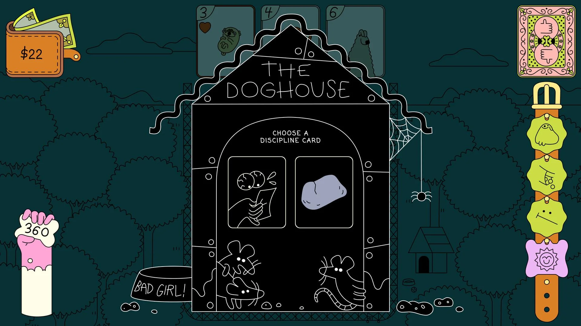 THE DOGHOUSE: Choose a discipline card, mouse with paper vs grey rock, BAD GIRL bowl