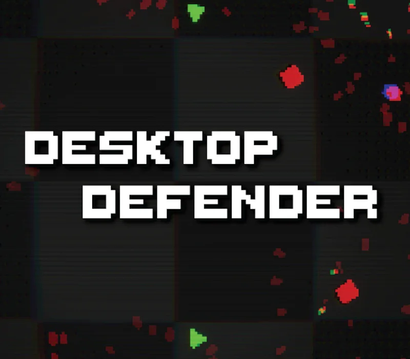 Desktop Defender cover, pixel DESKTOP DEFENDER title on a dark grid with red and green fragments