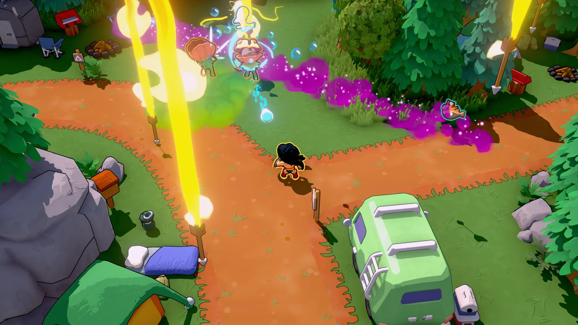 Wonder Woman at a forest campsite among yellow beams and purple goo