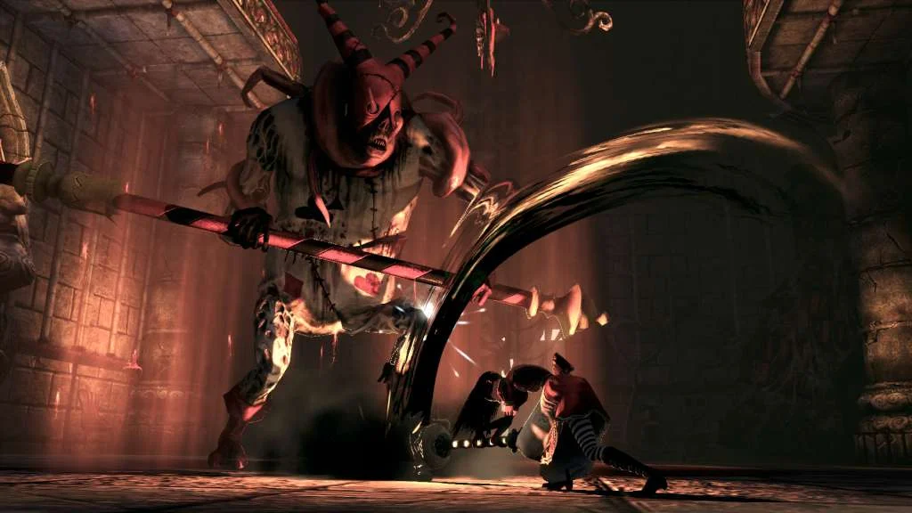 Alice fighting a large hooked creature in a dark hall.