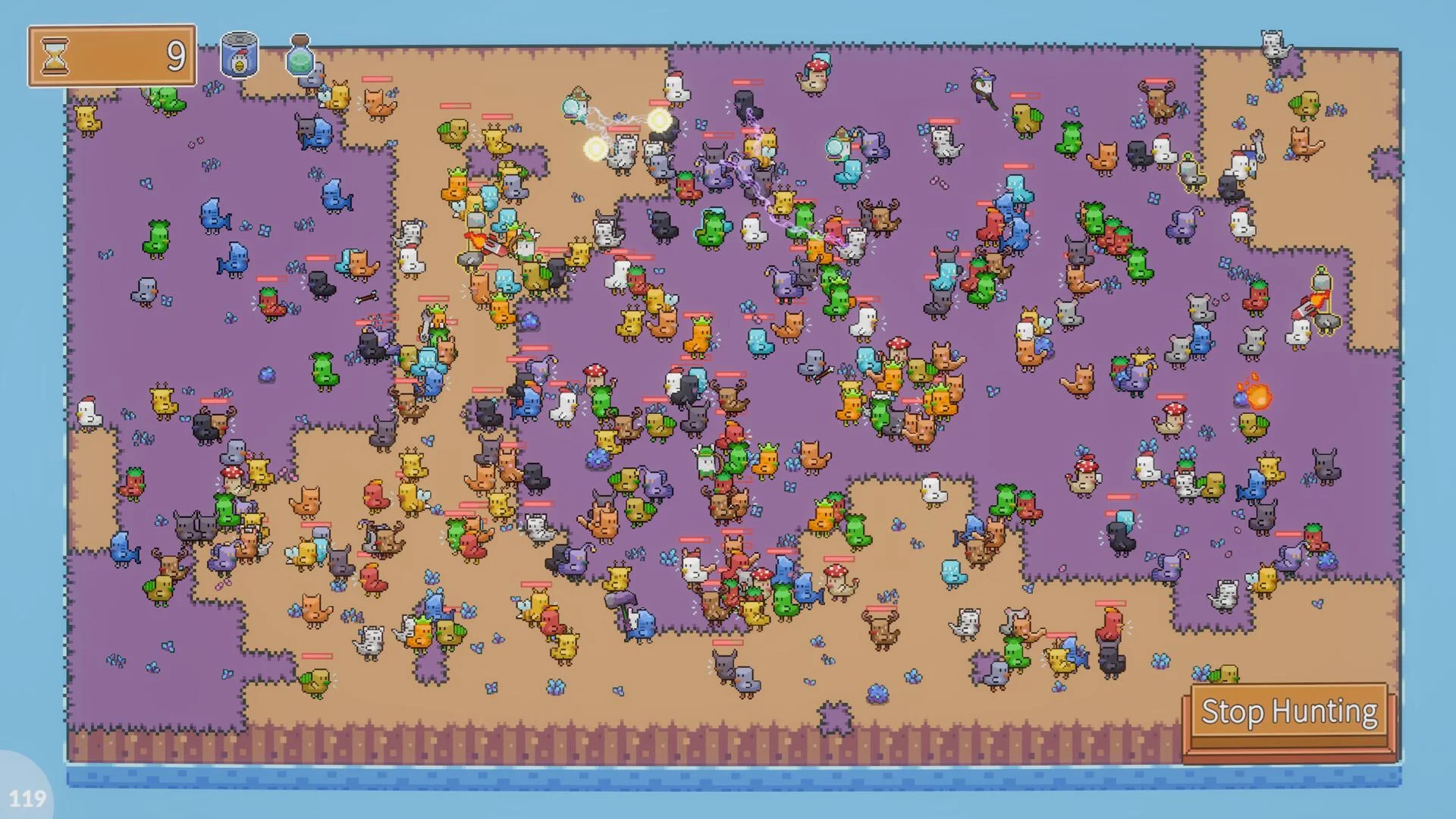 Hunting grounds packed with coloured chickens, timer 9, Stop Hunting, counter 119