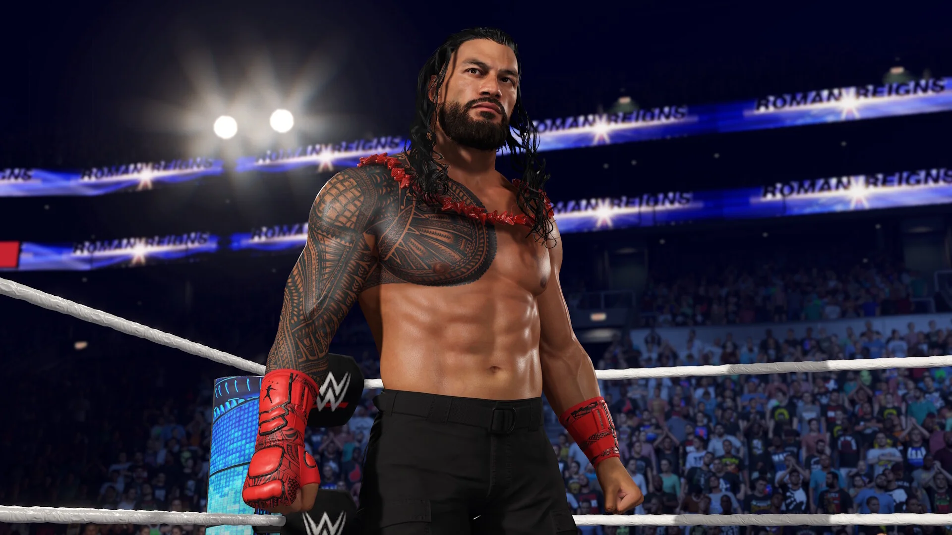 Roman Reigns on the apron, red lei, red gloves, ROMAN REIGNS titantron banners