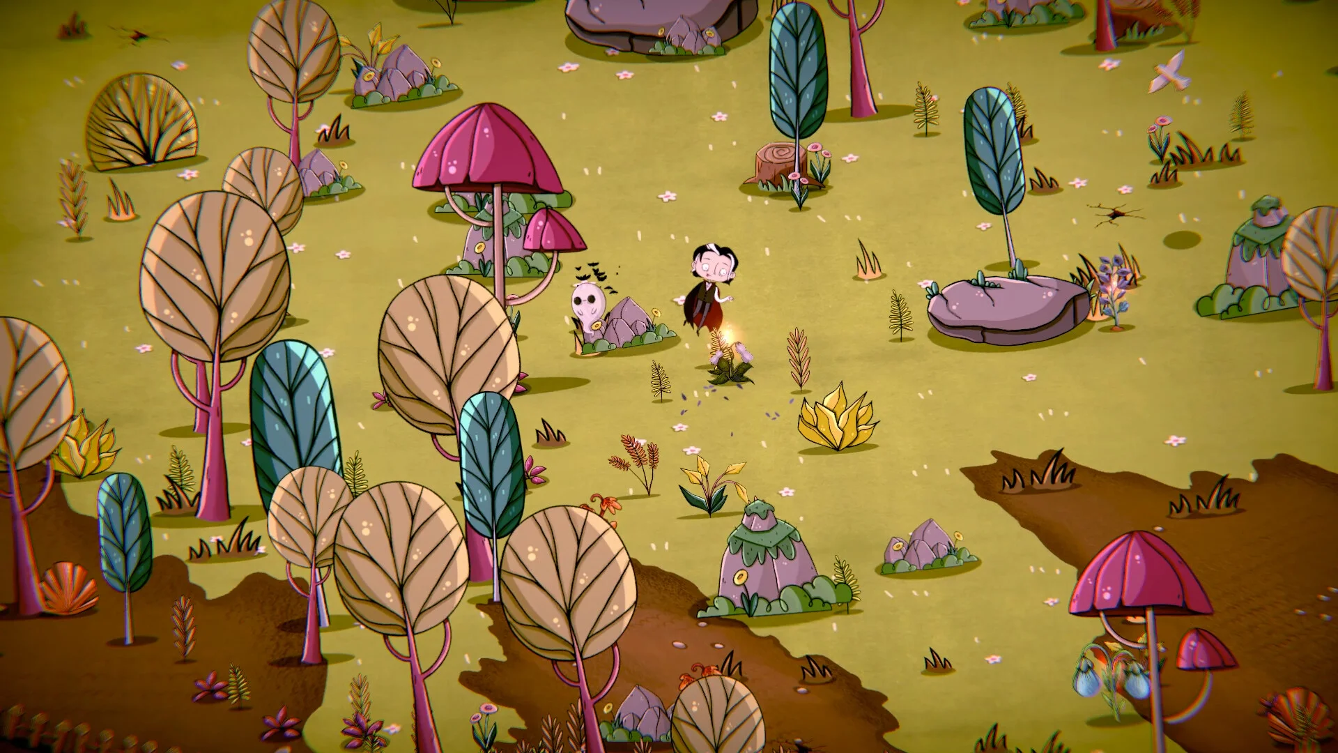 Bright meadow of pink mushrooms and oversized leaves, vampire walking with a small ghost companion among flowers